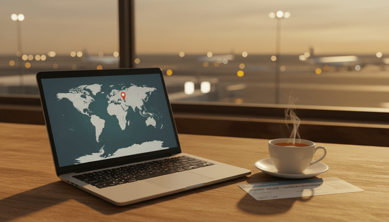 Travel desk with laptop and boarding pass in warm light