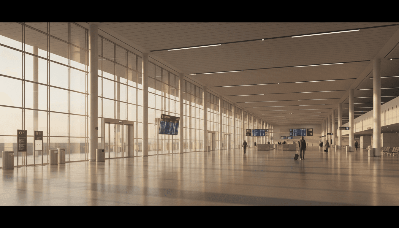 Modern airport departure hall with soft warm sunlight