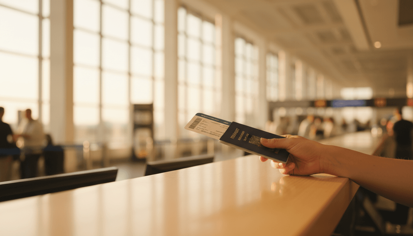 Hands holding a boarding pass and passport at an airport counter